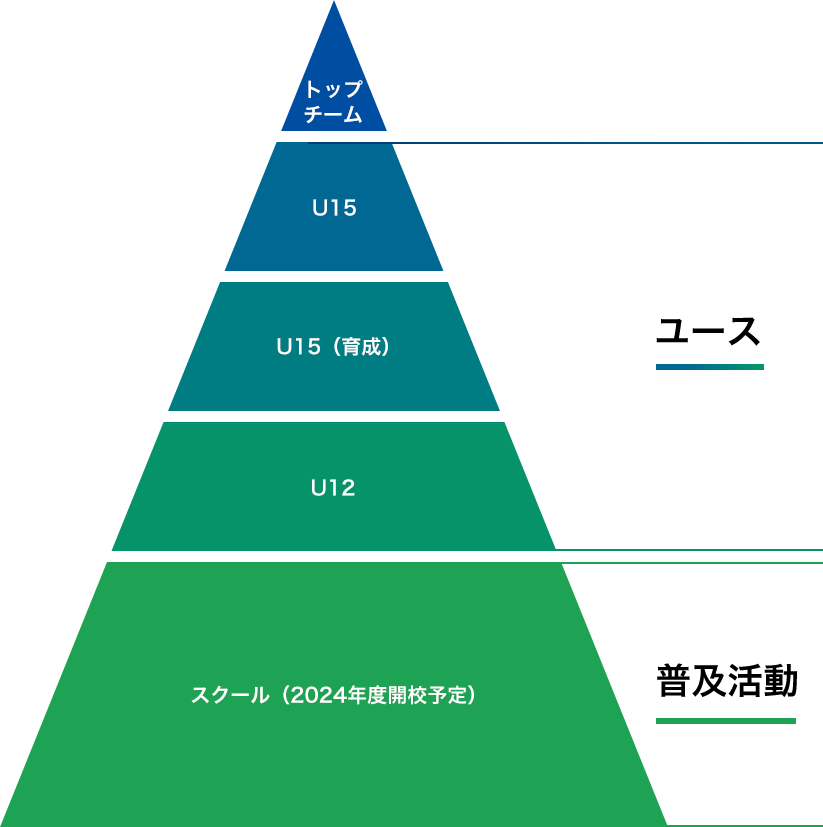 階層図：トップチーム、U15、U15（育成）、U12、スクール（2024年度開校予定）