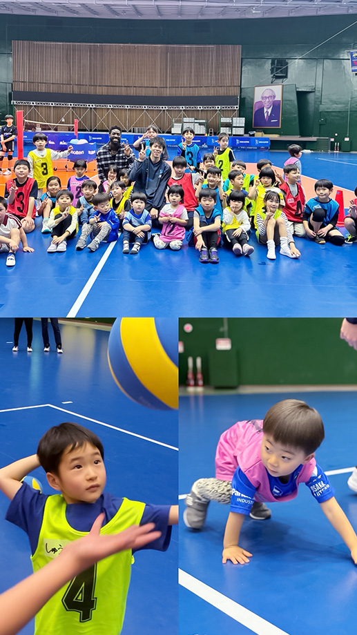 写真：富田選手、ロペス選手との集合写真と練習をする子供たちの様子