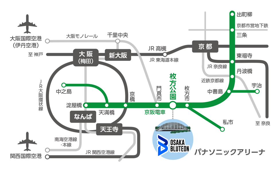 最寄駅の枚方公園駅までの各経路図
