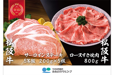 写真：松坂牛のサーロインステーキ・ロースすき焼肉セット