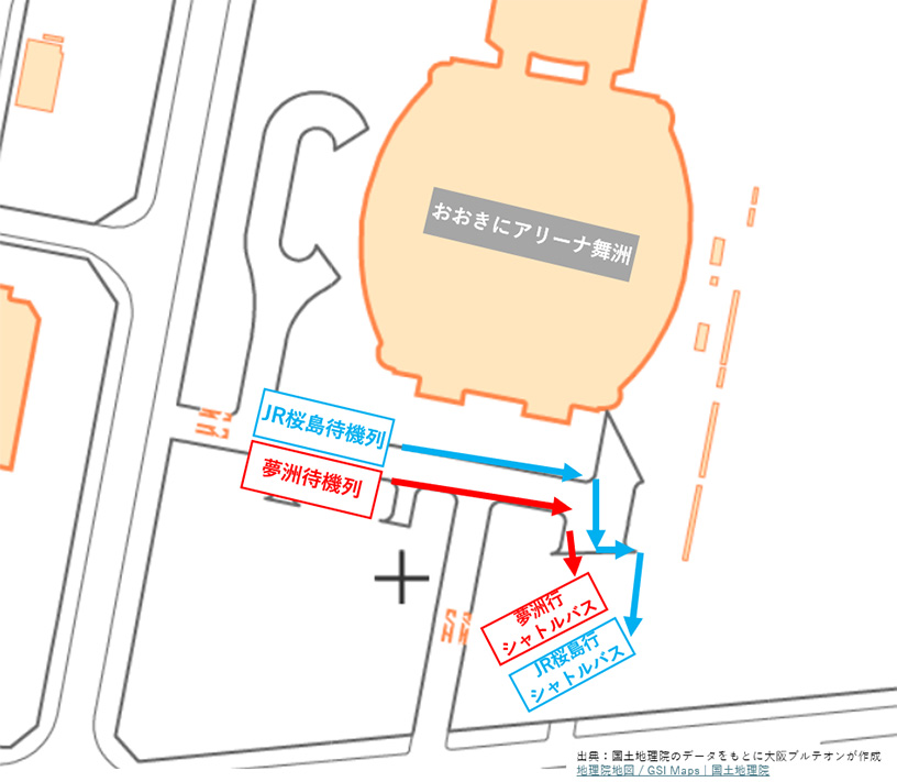 シャトルバス乗車場所の待機列掲載マップ