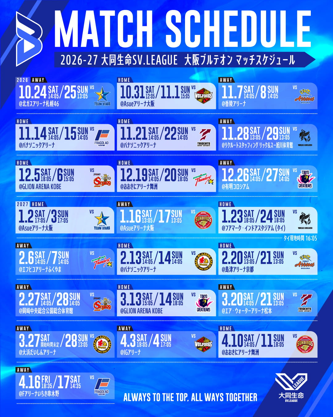 2026-27レギュラーシーズンの大阪ブルテオンの試合日程一覧