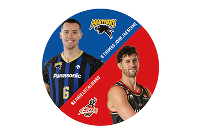 イメージ：パナソニックパンサーズ× 大阪エヴェッサ選手コラボ缶バッジ（ジェスキー選手とアンジェロ選手）